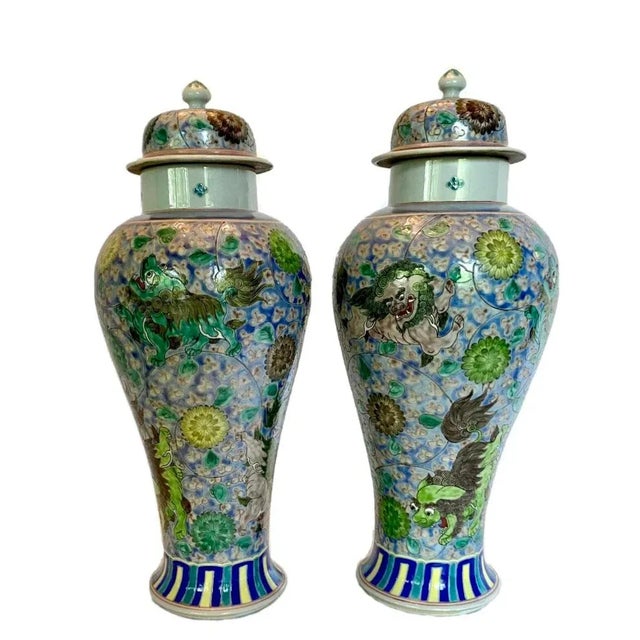 Pair of Mid 20th Century Chinese Porcelain Famille Rose Reproduction Foo Dog Temple Jars For Sale - Image 4 of 9