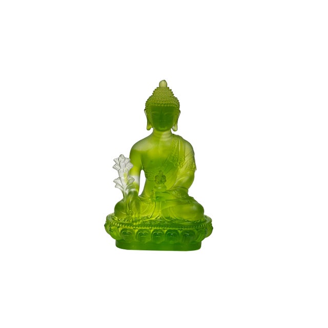 Religious 5" Green Crystal Glass Cross Leg Medicine Amitabha Shakyamuni Buddha For Sale - Image 3 of 6