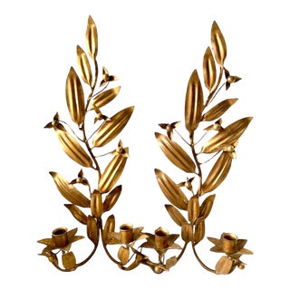 Vintage Gilt / Gold Tole Floral / Flower Candle Sconces, a Pair For Sale