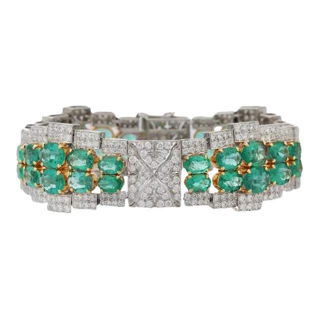 23.74 Ctw Emerald and 7.09 Ctw Diamond Bold Bracelet in 18k Solid White Gold For Sale