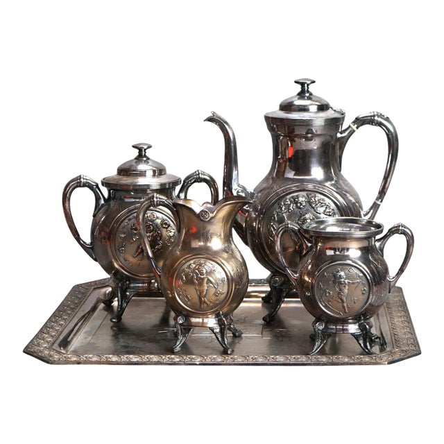 Antique Five Piece Figural Reed & Barton Figural Silver Plated Tea Set C1890 For Sale