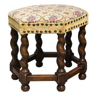 Mid 20th Century Danish Oak Barley Twist Upholstered Stool With Needlepoint Top For Sale