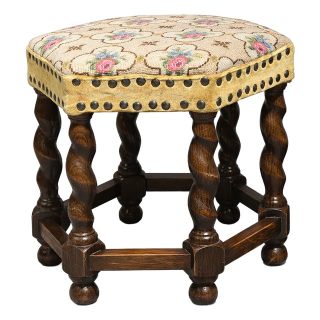 Mid 20th Century Danish Oak Barley Twist Upholstered Stool With Needlepoint Top For Sale