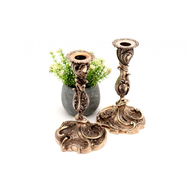 Metal Silver Candlesticks with Revealed Reliefs and Applications, Set of 2 For Sale - Image 7 of 8