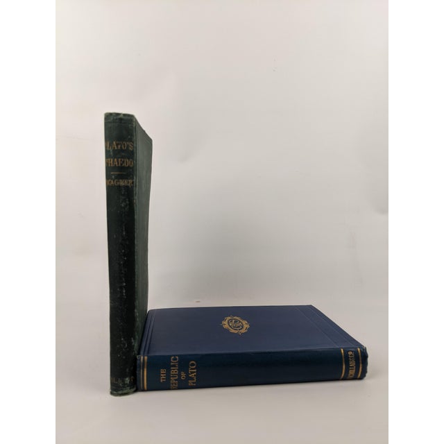 Antique Plato Phaedo 1875 & Republic 1907 Blue Green Gold Gilt Books - Pair For Sale - Image 12 of 18