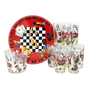 Mid Century Modern Game/ Casino Night Tray, Glasses and Ice Bucket - Serving Set of 10