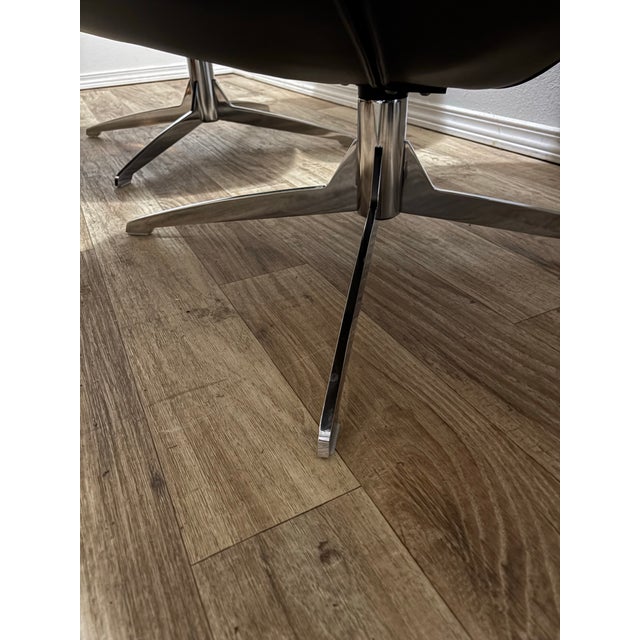 Contemporary Fantastic Pair of Roche Bobois 2 Tone Leather Pivot/Swivel Arm Chairs With X Chrome Base Baseball Stitching Mink Grey Brown For Sale - Image 3 of 12