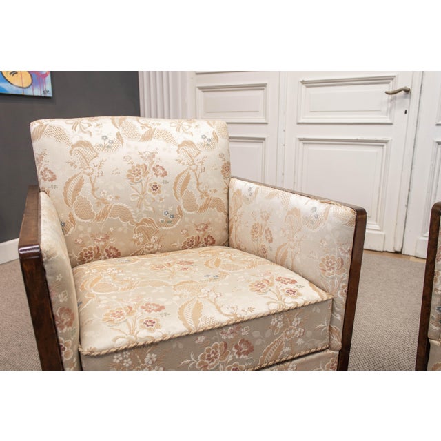 Vintage Swedish Grace Club Chairs with Tiger Wooden Side Panels and Jacquard, 1930s, Set of 2 For Sale - Image 10 of 14
