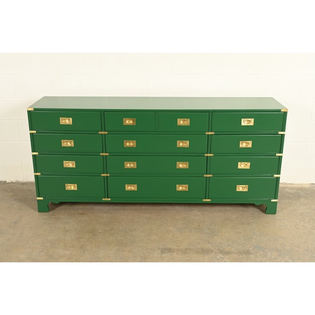 Drexel Heritage Mid-Century Hollywood Regency Campaign Green Lacquered Dresser | Newly Refinished For Sale In South Bend - Image 6 of 13