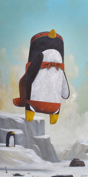 The Power of Flight by Nathan Durfee | Oil on Panel Penguin flying over a snowy landscape.