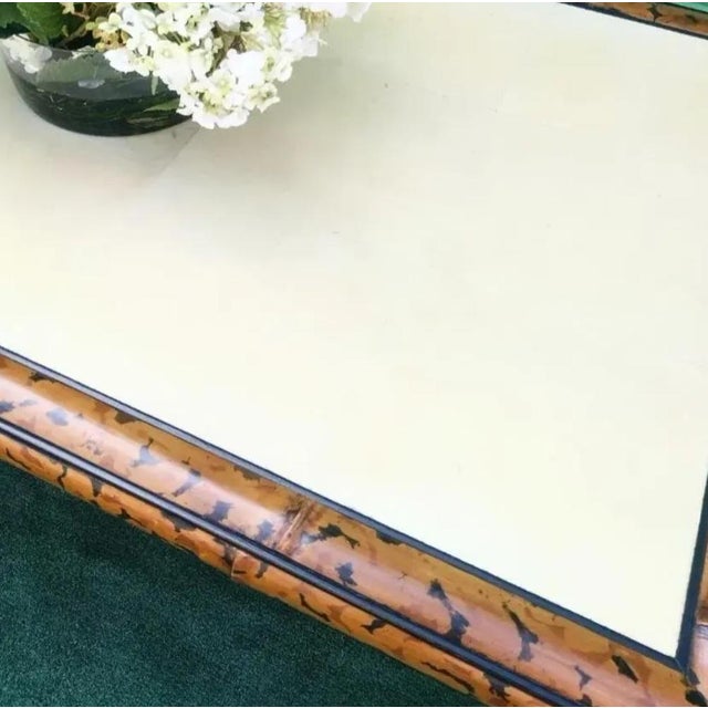 1990s Theodore Alexander Style Bamboo Faux Tortoiseshell Faux Goat Skin Large Regency Style Coffee Table For Sale - Image 9 of 12