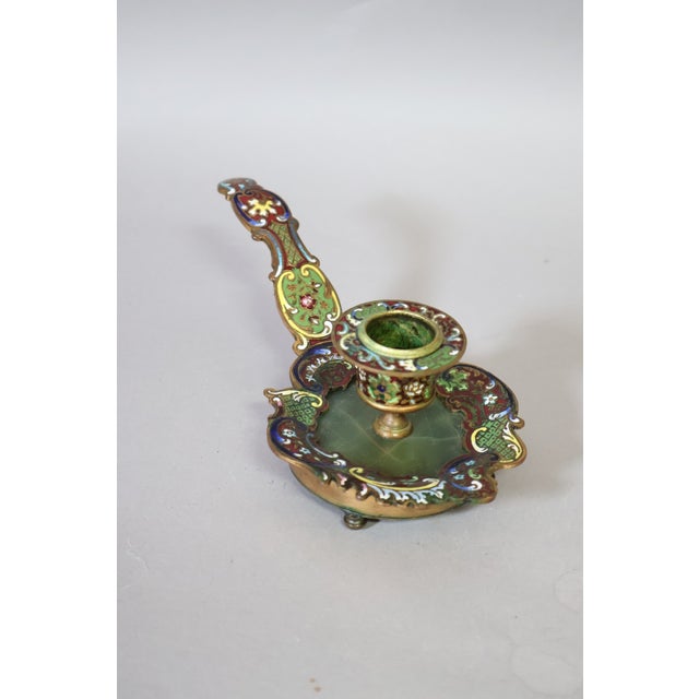 19th-Century French Champlevé Enamel Gilt Brass Candleholder With Green Onyx Inset For Sale - Image 4 of 8