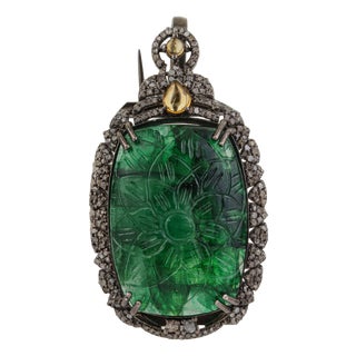Handcrafted Vintage 20.85 Ct Aventurine Brooch Pendant With Diamond Accents For Sale