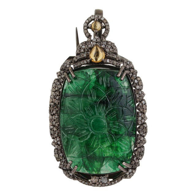 Handcrafted Vintage 20.85 Ct Aventurine Brooch Pendant With Diamond Accents For Sale