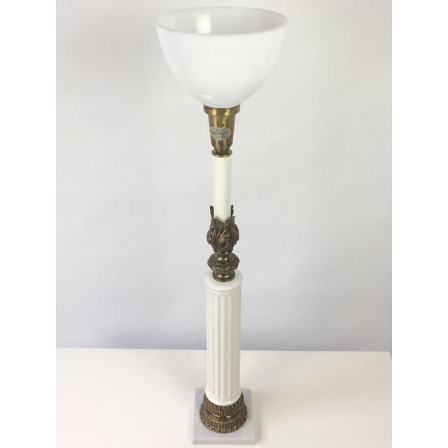 French Vintage Brass Ceramic & Marble Column Table Lamp For Sale - Image 3 of 9