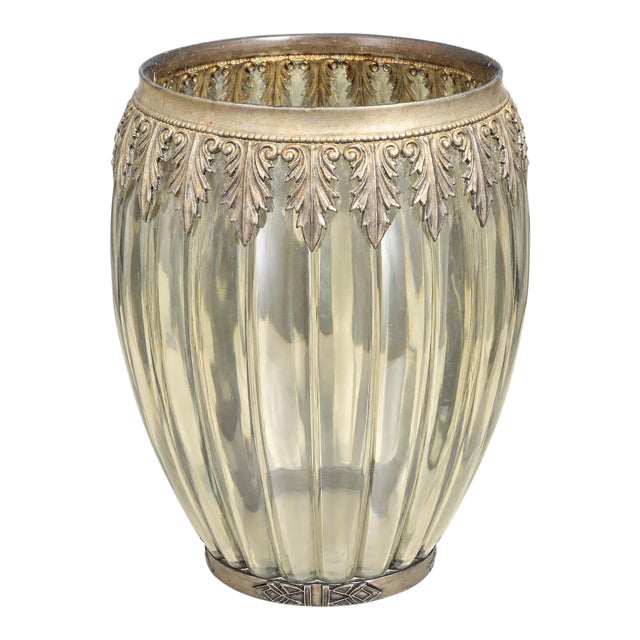 Vintage Neoclassical Ribbed Glass Vase With Silver-Gilt Acanthus Mounts For Sale