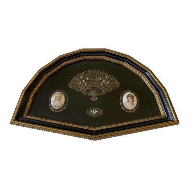 Vintage Victorian Porcelain Cameo and Fan Shadow Box Wall Display For Sale
