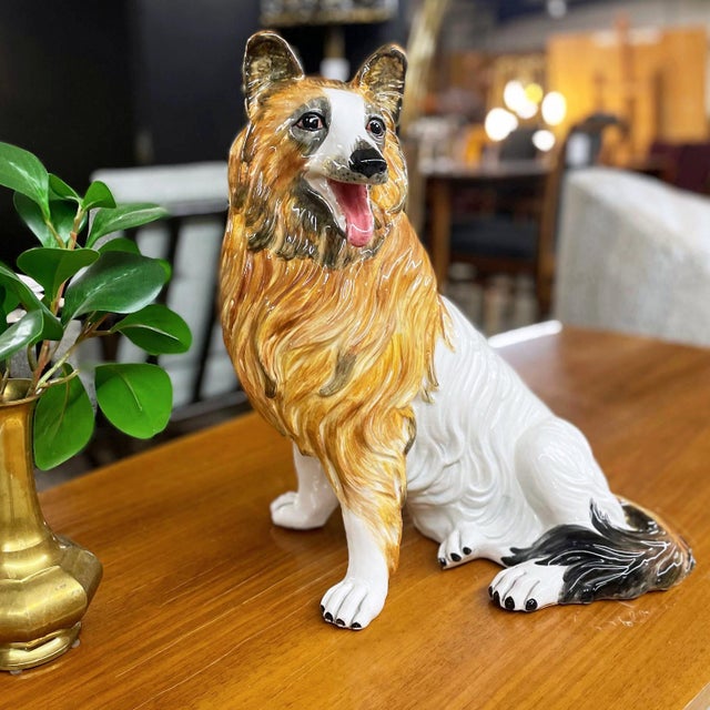 Italian Ceramic Hand Painted Collie Dog Figurine Sculpture 17.5 Tall For Sale - Image 4 of 7