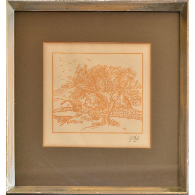 1950 Framed Print Marked M Landscape Scenery Orange Silver Wood Frame Distressed For Sale - Image 11 of 11