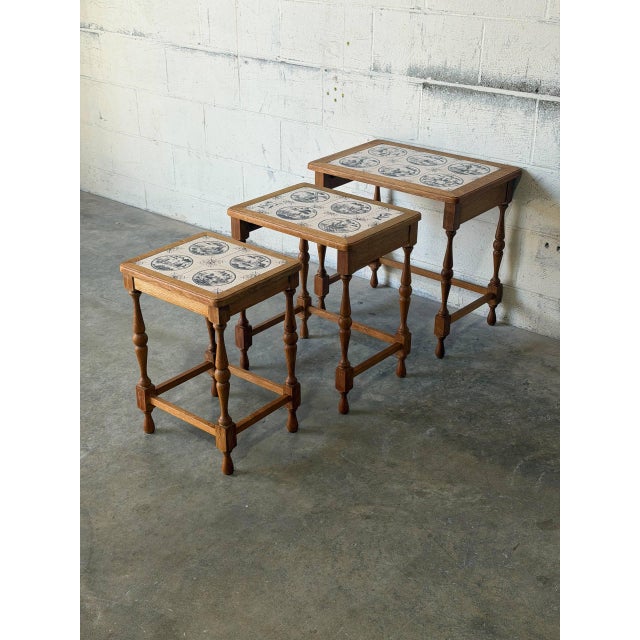 Brown Ak Odense Oak Nesting Tables Set of 3 With Ceramic Tile Tops Danish Mid-Century Modern 1965 For Sale - Image 8 of 11