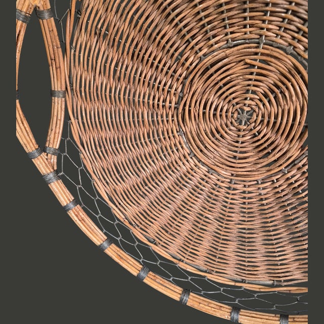 Tan Vintage Country French Wicker Wire Sides Round Handle Tray For Sale - Image 8 of 13