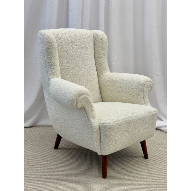 White Pair American Mid-Century Scroll Lounge / Wingback Chairs, Boucle, Draper Style For Sale - Image 8 of 13