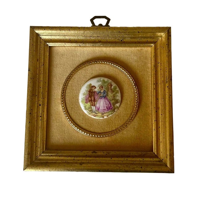Set of 2 Vintage B&S Creations gold guilt framed courting couples. Hand painted porcelain medallions on velvet background....