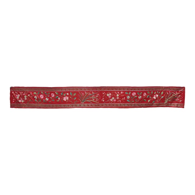 Vintage Chinese Long Red Pink Flower Embroidery Fabric Art For Sale