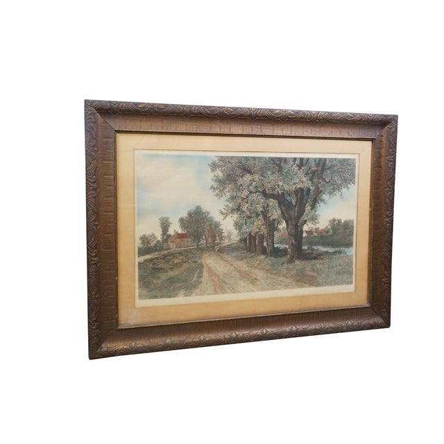 Late 19th century hand colored etching titled "The Old Elm Road" by Ernest C. Rost. Landscape of a country road lined with...