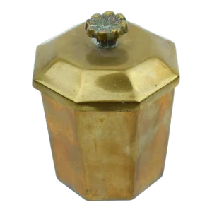 Mid 20th Century Heavy Solid Gold Brass Octagonal Shape Lidded Box Canister With Flower Finial Turkey