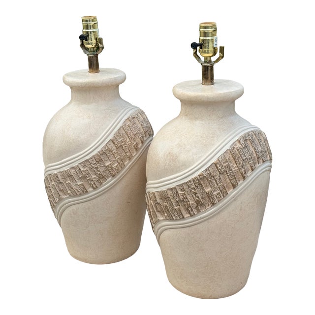 1980s Pair Postmodern Ceramic Lamps With Brutalist Textured Banding For Sale