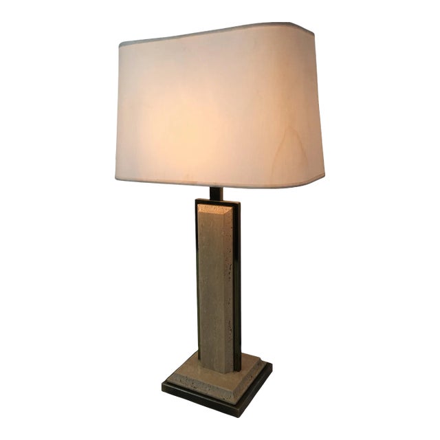 1970s Travertine and Gilt Metal Table Lamp For Sale