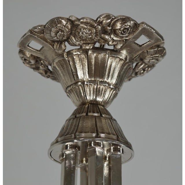 Ollier & Hanots French Art Deco Chandelier 1920s - Frosted Glass & Nickeled Bronze For Sale - Image 9 of 14