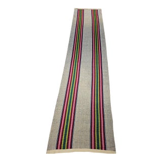 Vintage American Rag Runner, Handwoven Stripe Pattern, Tan, Green & Magenta, 3x13 For Sale
