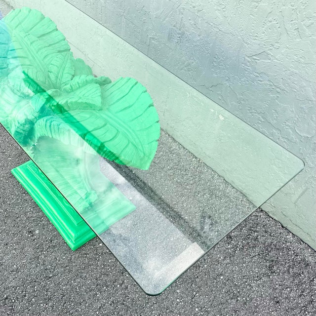 Boho Chic Green Banana Leaf Glass Top Console Table For Sale - Image 4 of 9