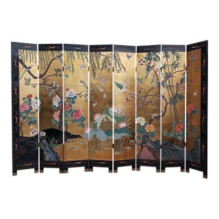 84" Tall Vintage Eight Panel Oriental Asian Gold Folding Screen Room Divider W Birds For Sale