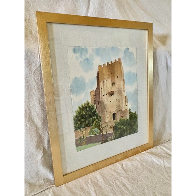 Found in the South of France, this beautiful Mid 20th Century French Watercolor of the Roquebrune a-M Le Chateau was hand...