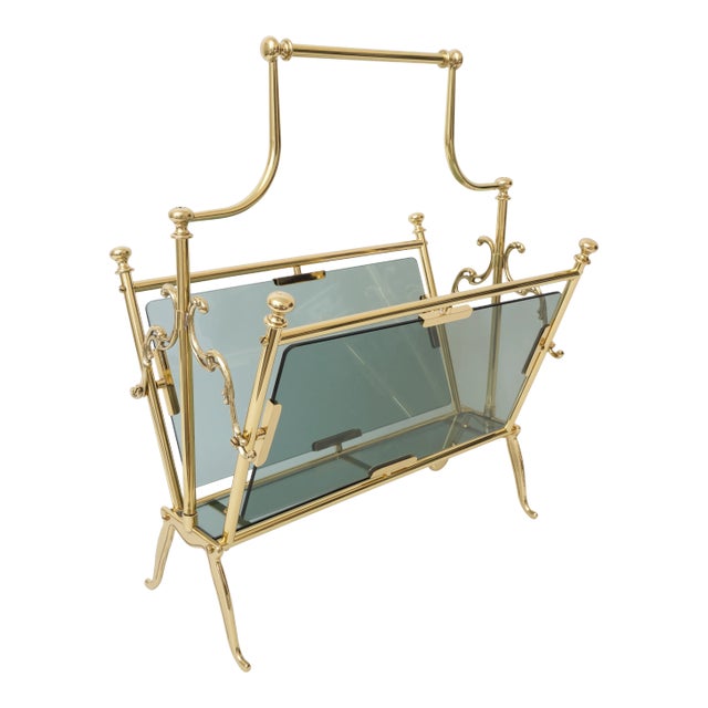 Mid-Century Maison Bagues Magazine Rack in Polished Brass and Blue-Gray Smoke Glass For Sale