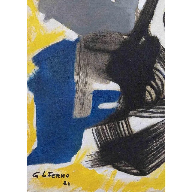 Blue and Yellow Abstract Composition is an original artwork realized by Giorgio Lo Fermo (b. 1947) in 2021. Original Oil...