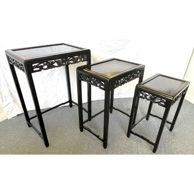 Mid Century Modern Chinese Carved Wood Nesting Tables in Ebony Finish- Set of 3 For Sale In West Palm - Image 6 of 13