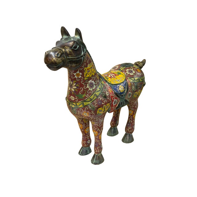 Chinese Vintage Oriental Chinese Reddish Maroon Cloisonne Metal Horse Figure A For Sale - Image 3 of 16