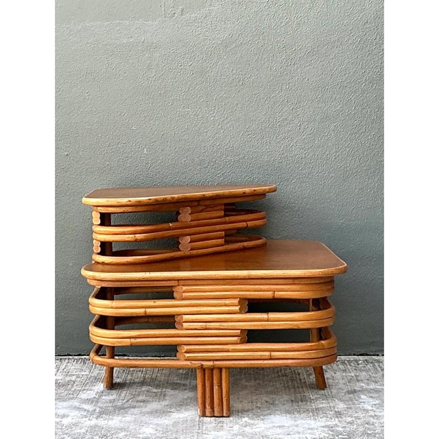 Paul Frankl Vintage Stacked Rattan Side Table After Paul Frankl For Sale - Image 4 of 12
