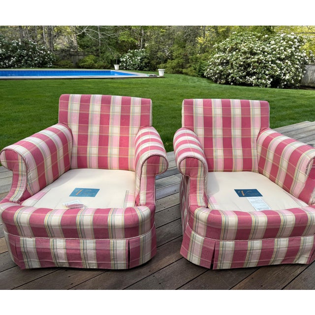 A Pair of Custom Pink Plaid Pleated Skirt Lounge Chairs With Rolled Arms For Sale - Image 16 of 18