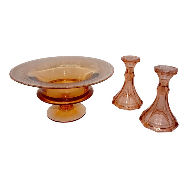Depression Era Pink Elegant Glass Set: Etched Footed Console Bowl & Candlesticks For Sale