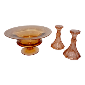 Depression Era Pink Elegant Glass Set: Etched Footed Console Bowl & Candlesticks