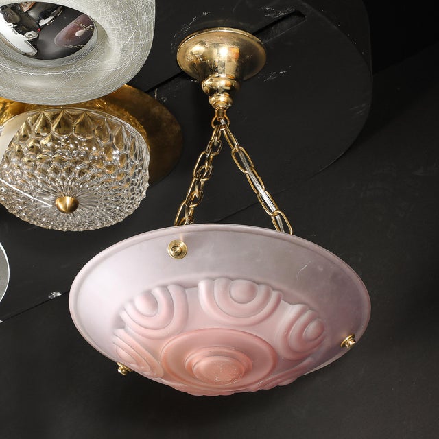 Art Deco Frosted Geometric Rose Glass Brass Fitted Pendant Chandelier For Sale - Image 16 of 17