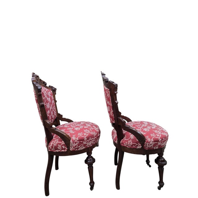 Victorian Antique Victorian Carved Walnut Parlor Chairs - Pair For Sale - Image 3 of 12