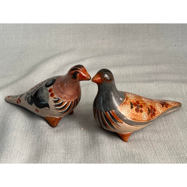 Sculpture Materials Pair of Vintage Mexican Folk Art Hand Painted Clay Bird Pidgeons For Sale - Image 7 of 12