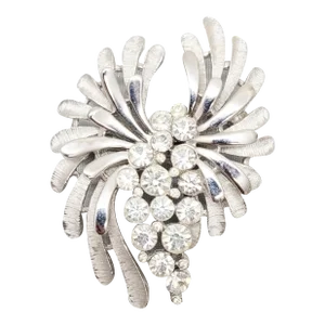Vintage Signed Crown Trifari Rhodium Plated Clear Rhinestone Brooch