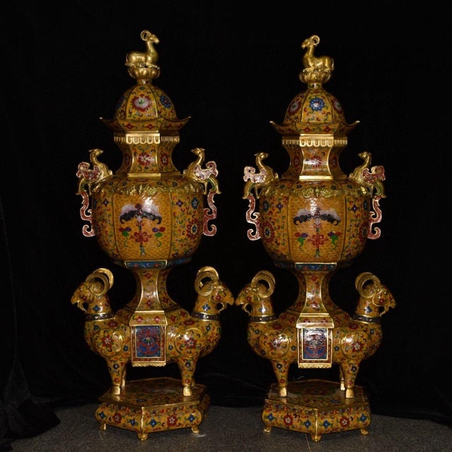 1950s Pair of Large Vintage Chinese Cloisonne Gilt Bronze Censers, Ram Bases & Phoenix Handles For Sale - Image 5 of 9